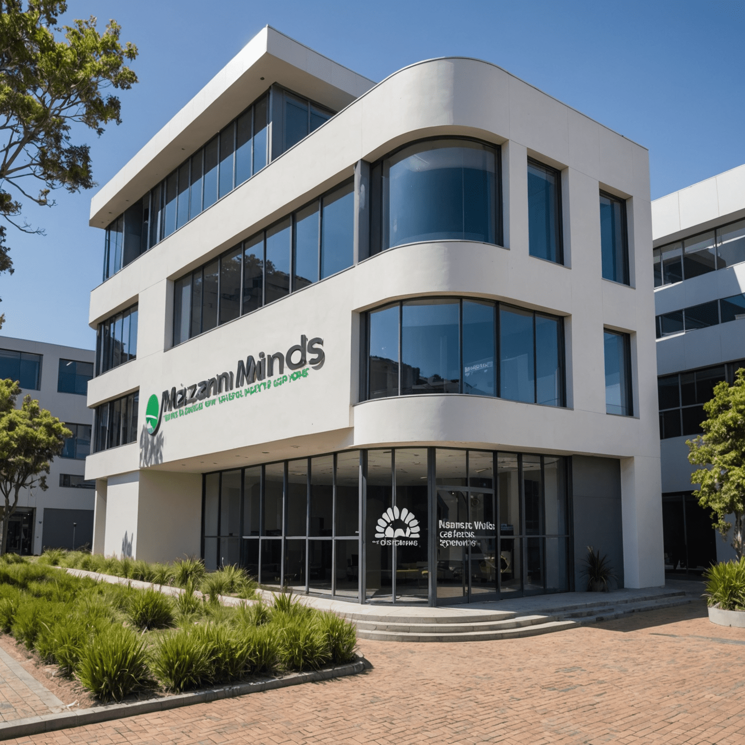 Exterior view of the new Mzansi Minds office in Cape Town, a modern building with the company logo prominently displayed