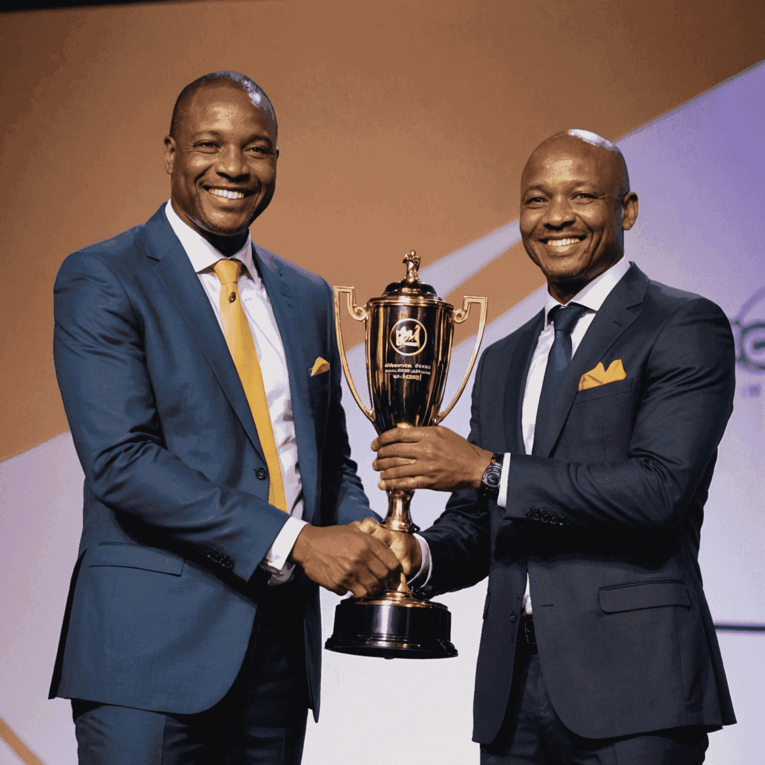 Mzansi Minds CEO receiving a prestigious award on stage, shaking hands with the presenter. The CEO is smiling proudly while holding the award trophy.