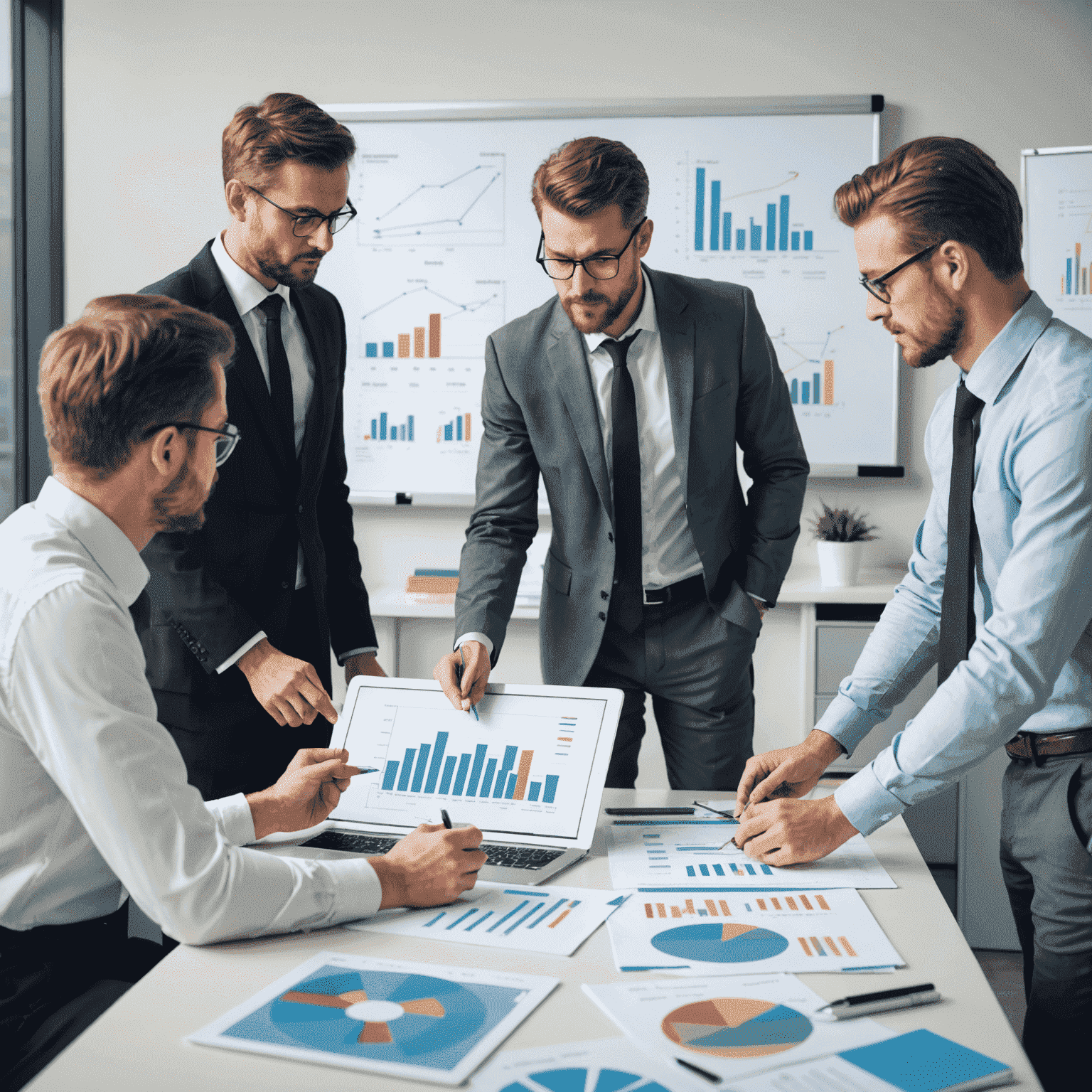 A team of consultants working together on a business strategy, with charts and graphs on a whiteboard in the background