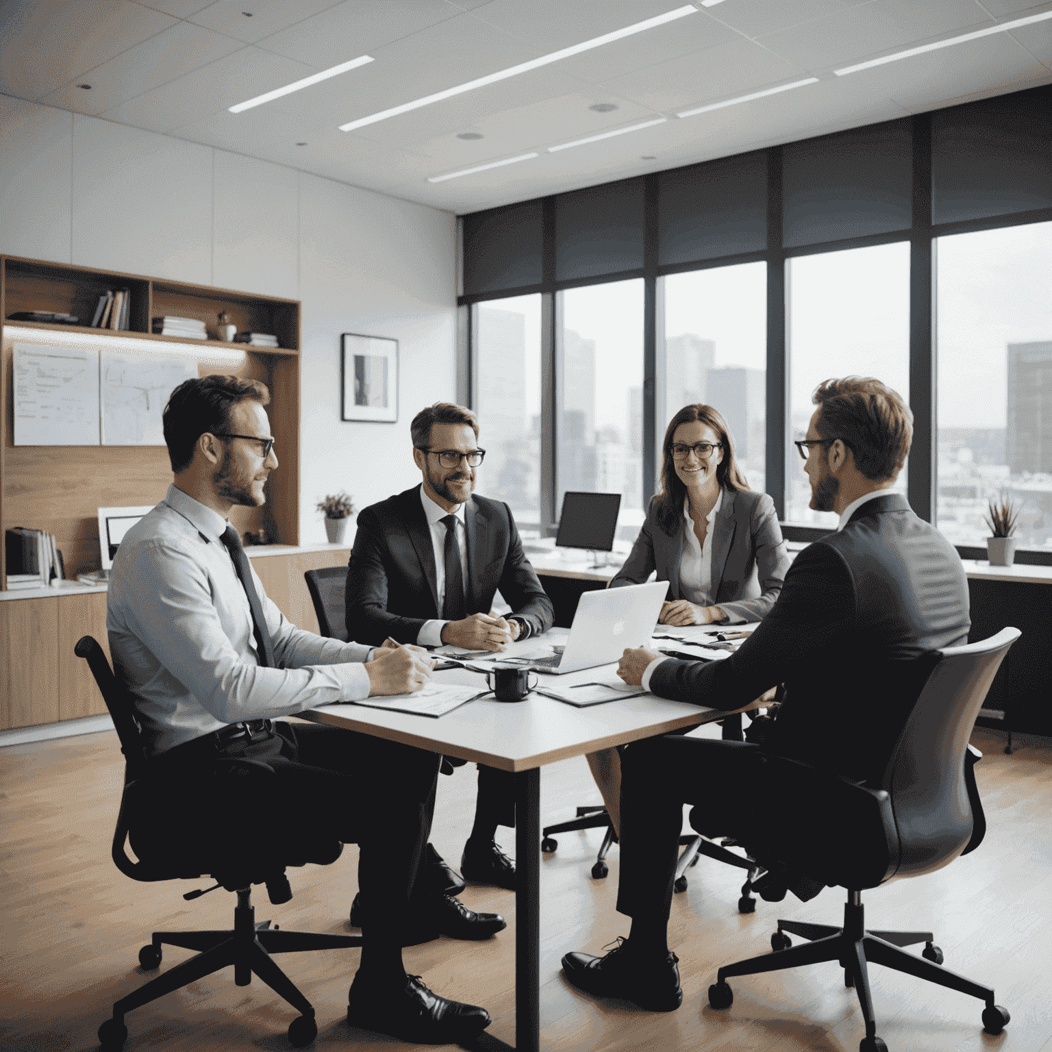 Team of financial advisors consulting with clients in a modern office setting