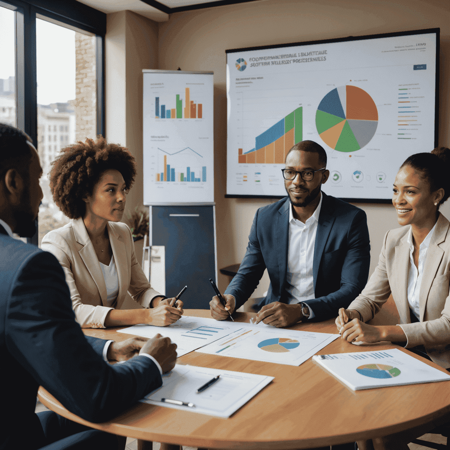 A group of diverse South African business professionals discussing sustainability strategies around a conference table, with charts and graphs on a screen in the background.