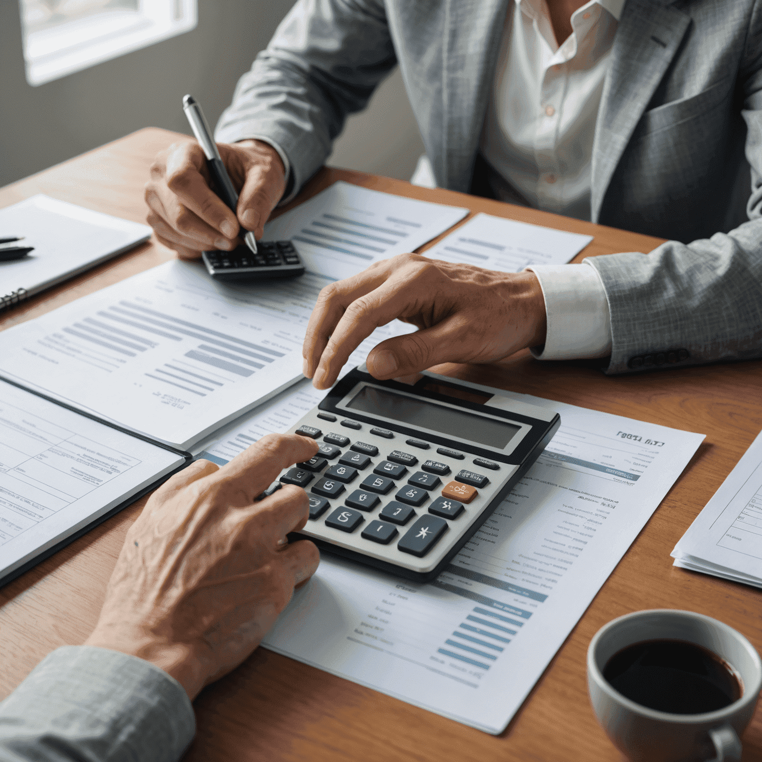 A person reviewing financial documents and using a calculator