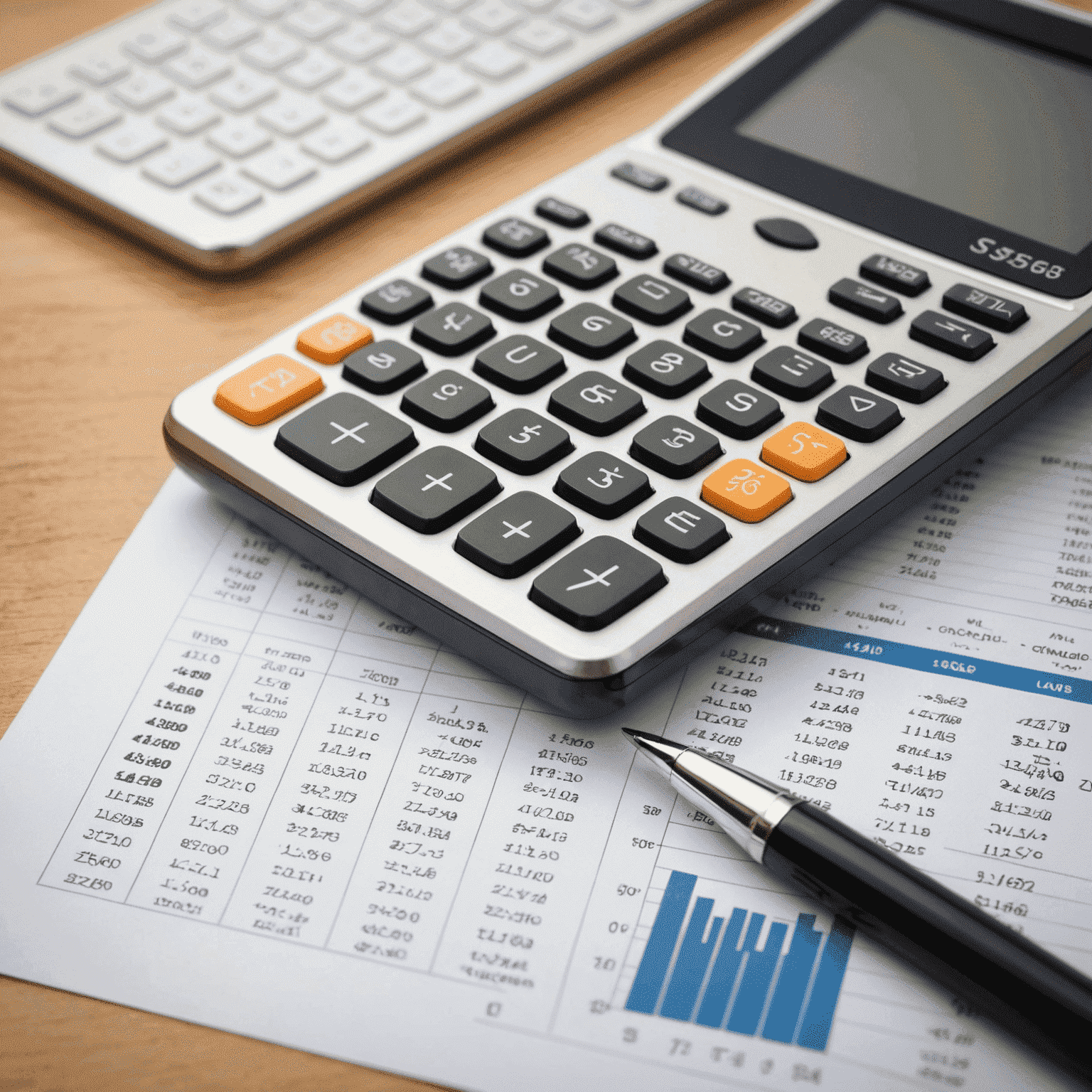 Image of financial charts and graphs with a calculator and pen