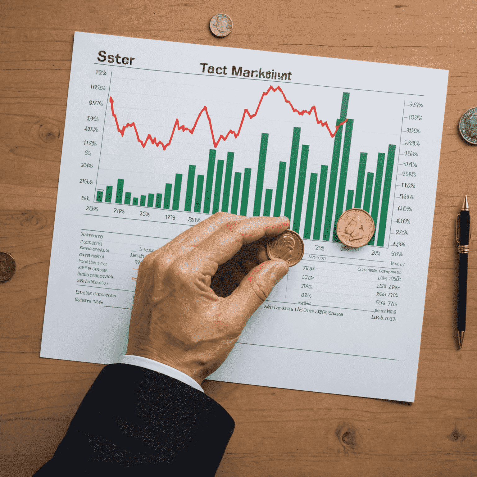 A stock market chart with an upward trend, and a hand holding a coin