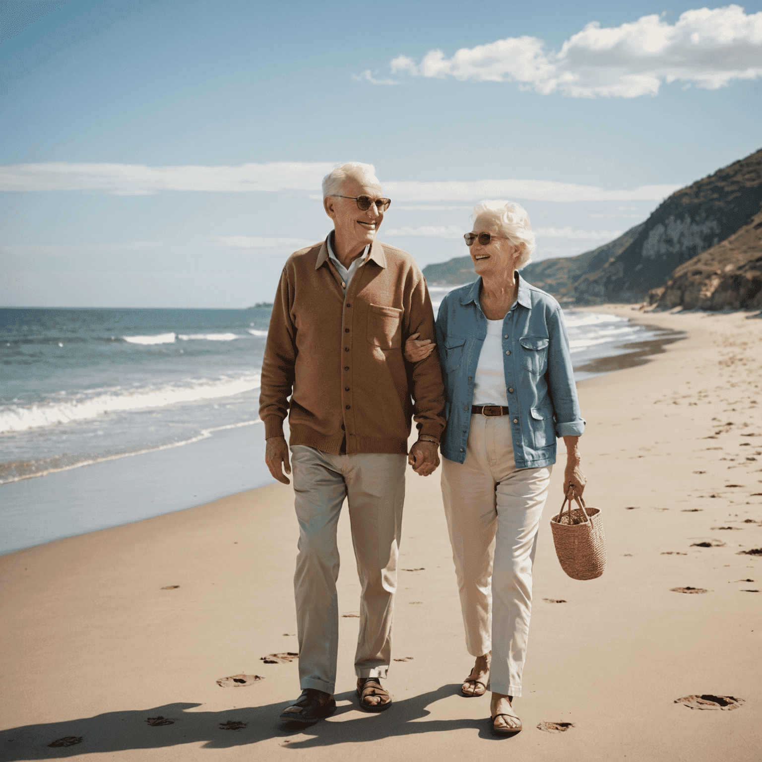 An elderly couple walking on a beach, holding hands and smiling