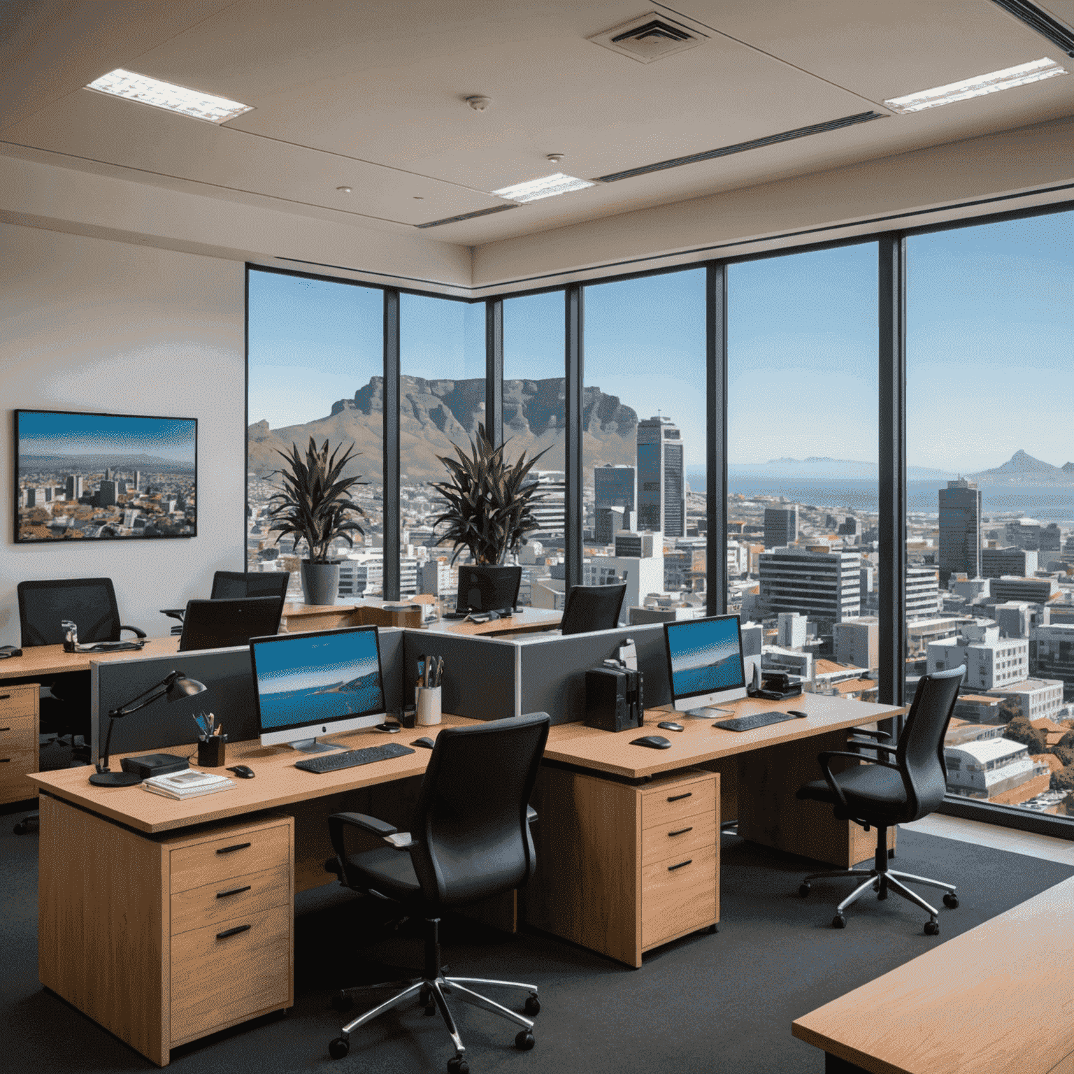 Interior of modern Mzansi Minds office in Cape Town with city views