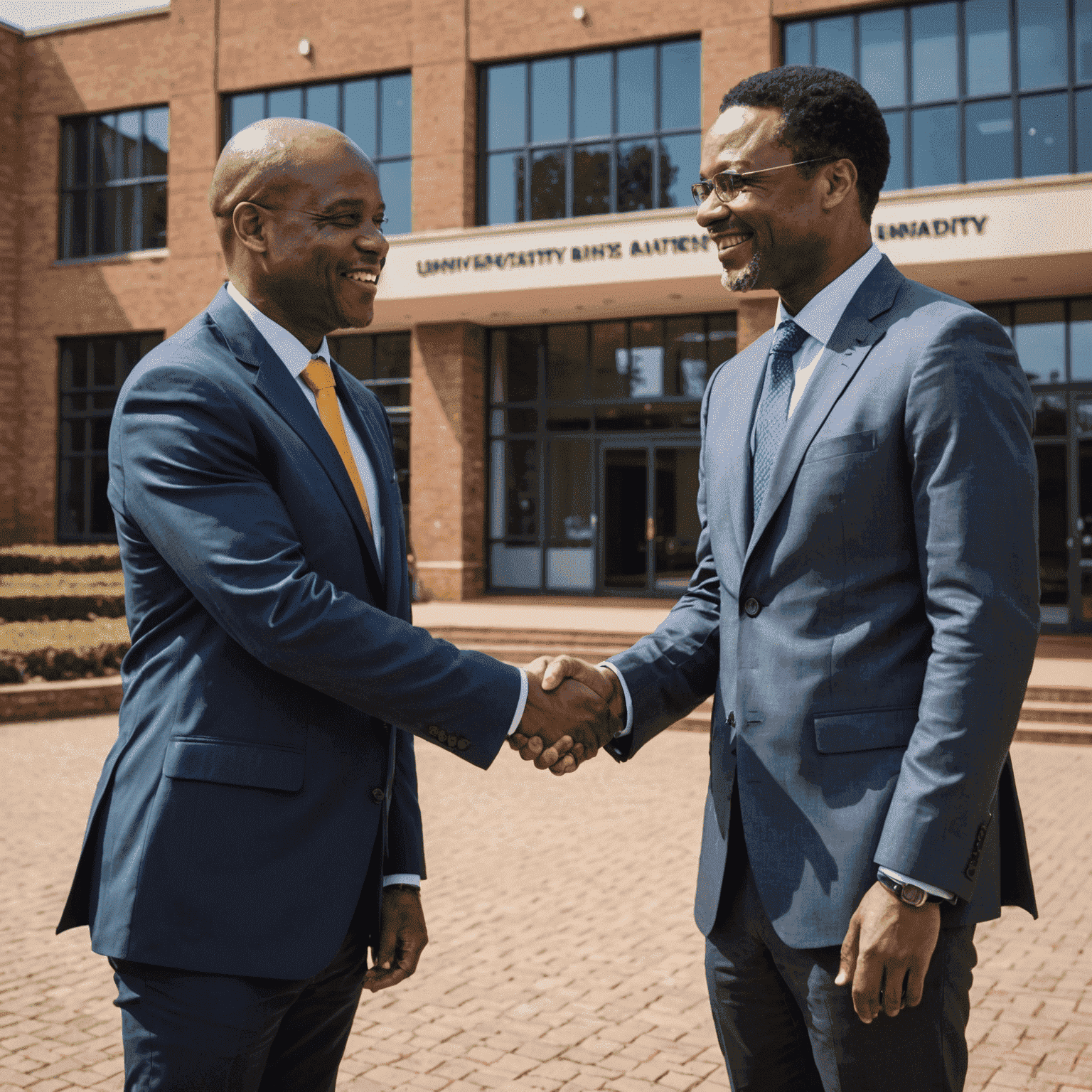 Mzansi Minds CEO shaking hands with university dean in front of university building